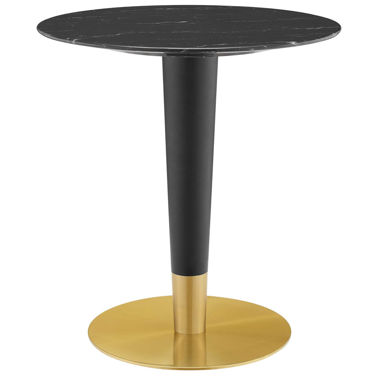 Round black artificial marble dining table with sleek black and gold pedestal base || EEI-5131-GLD-BLK || front_angle_studio