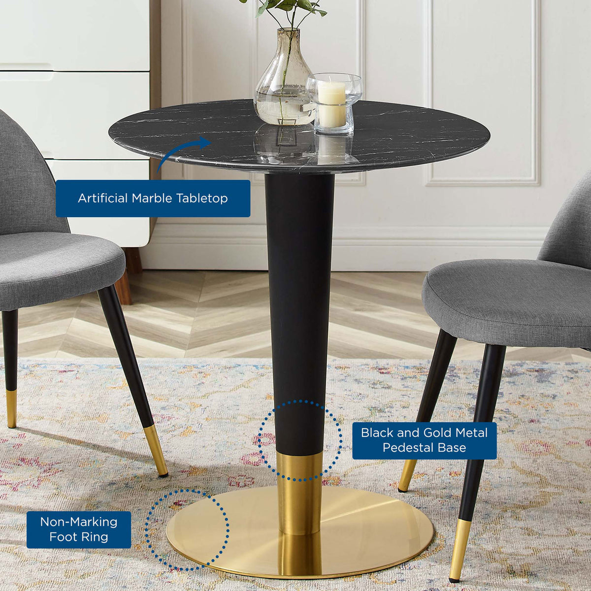 Features labeled artificial marble tabletop, black and gold pedestal base, and nonmarking foot ring || EEI-5131-GLD-BLK || callout_room