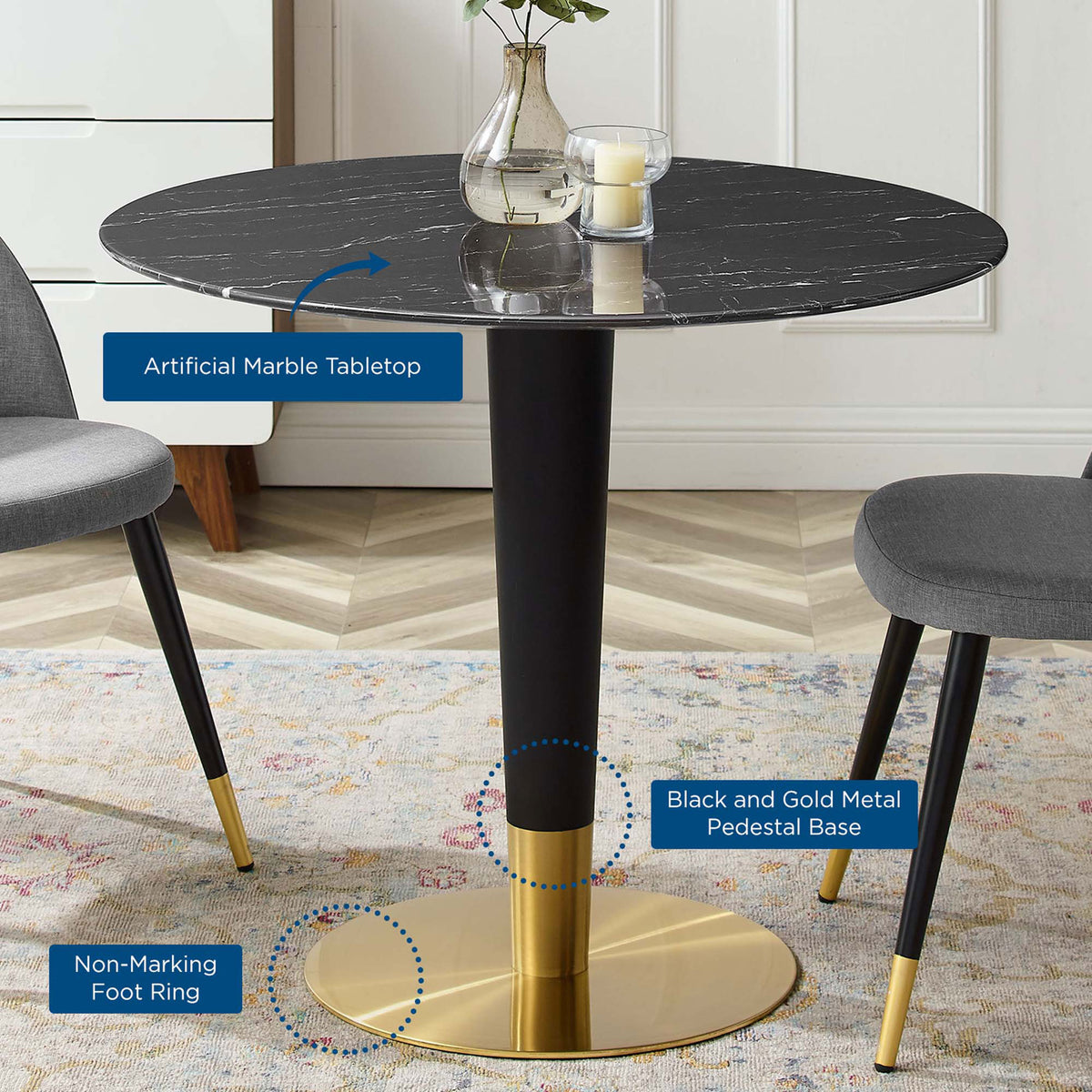 Larger table with callouts highlighting artificial marble top, metal pedestal base, and nonmarking ring || EEI-5132-GLD-BLK || callout_room