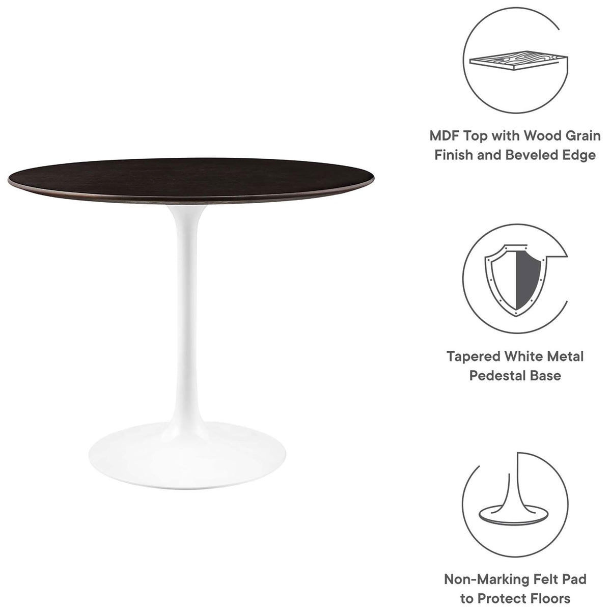 Modern round pedestal dining table with feature icons for top, base, and floor protection || EEI-5157-WHI-CHE || callout_studio