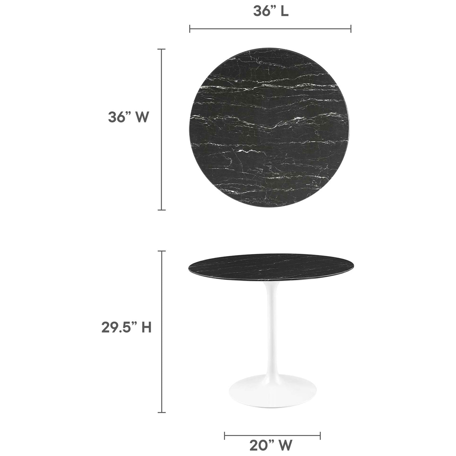 Dimension guide for the Lippa 36 inch round dining table with tabletop and base measurements || EEI-5168-WHI-BLK || dimension_studio