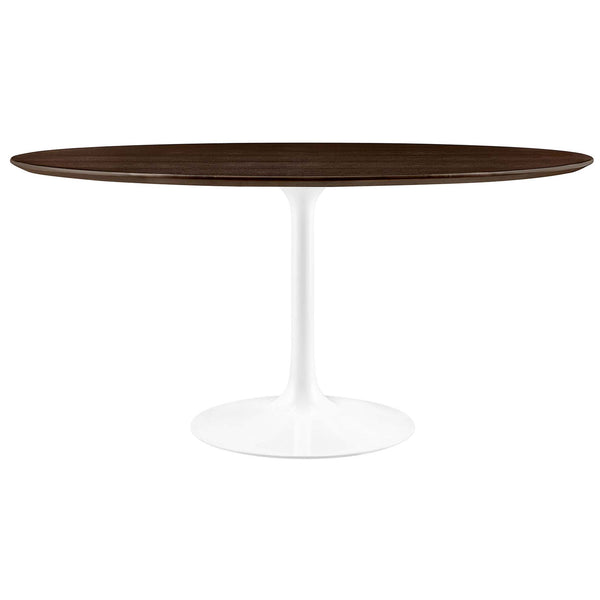 Large round brown wood dining table on slim white tulip pedestal base || EEI-5175-WHI-CHE || front_studio