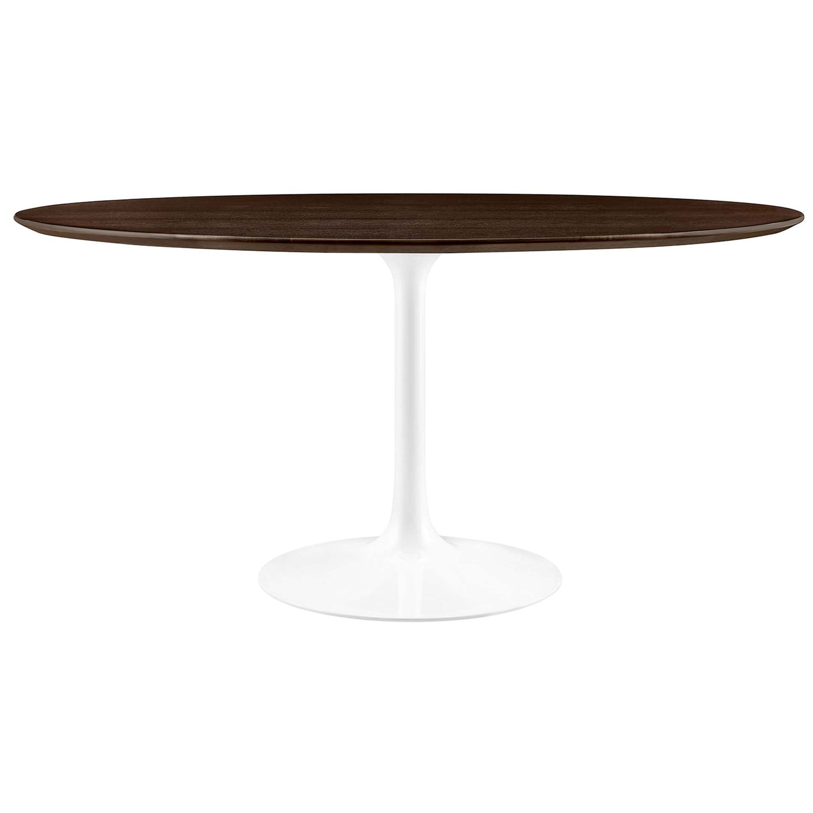 Large round brown wood dining table on slim white tulip pedestal base || EEI-5175-WHI-CHE || front_studio