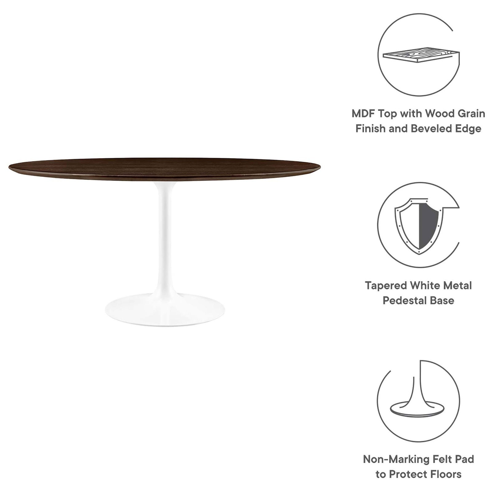 Round pedestal dining table with callout icons highlighting top, base, and protective pad || EEI-5175-WHI-CHE || callout_studio