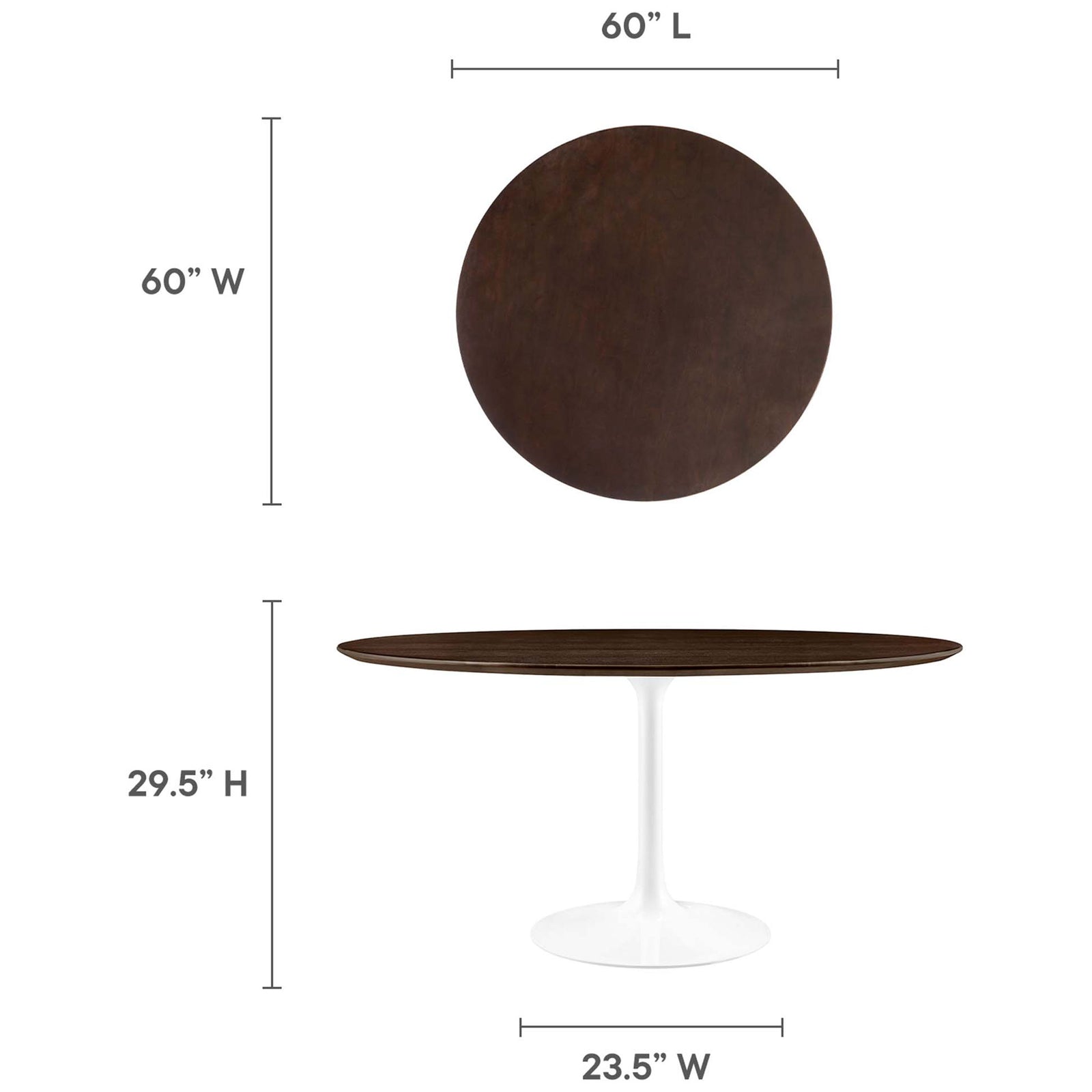 Large round dining table displayed with measurements for diameter, base width, and height || EEI-5175-WHI-CHE || dimension_studio