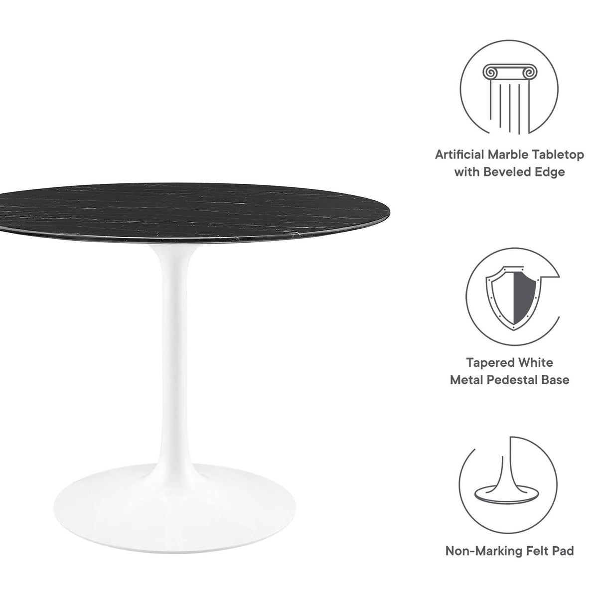 Feature icons highlighting faux marble top, tapered metal pedestal, and non-marking floor glides || EEI-5181-WHI-BLK || callout_studio