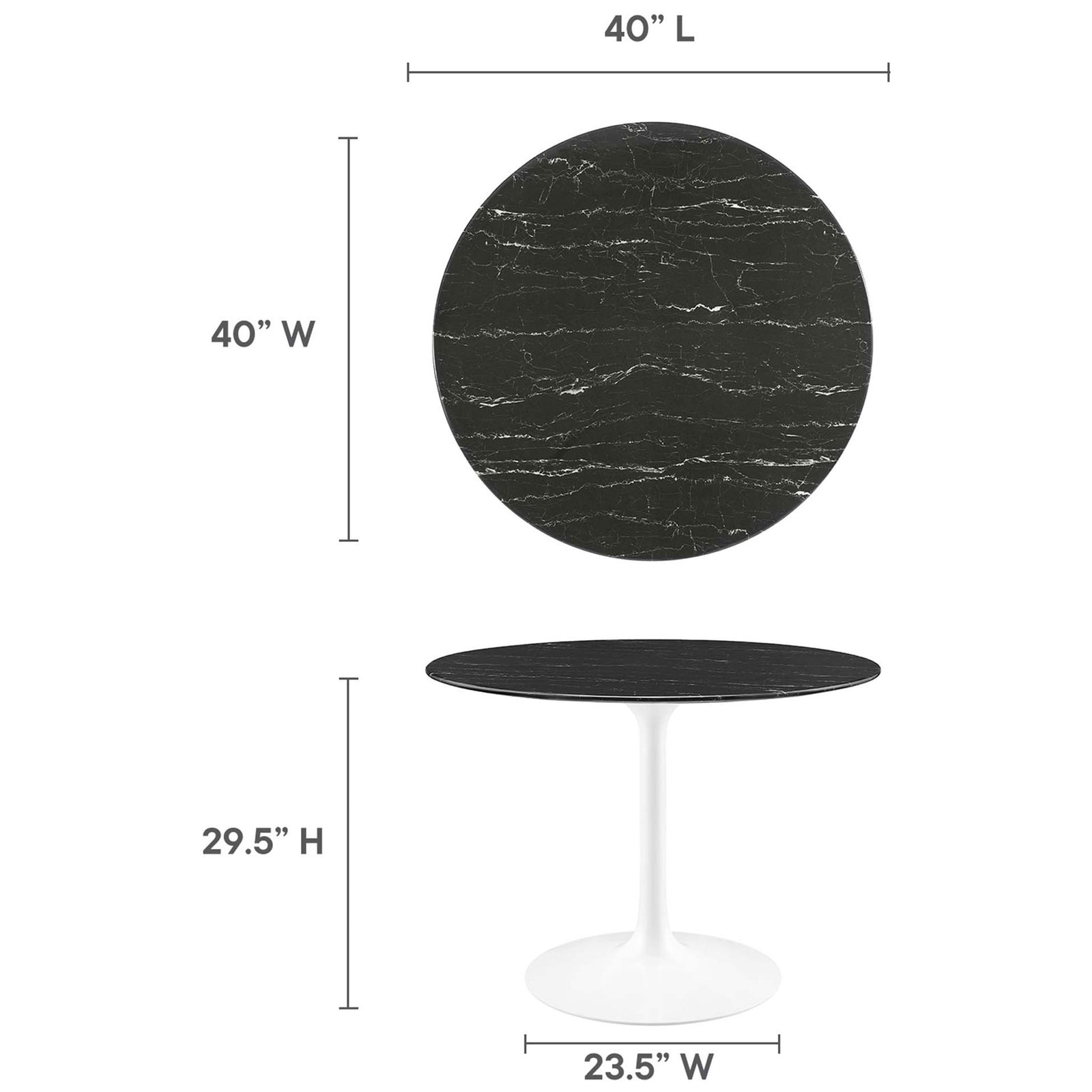Dimension guide for the Lippa 40 inch round dining table showing height and footprint || EEI-5181-WHI-BLK || dimension_studio