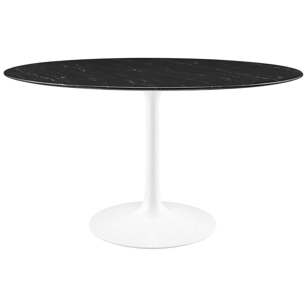 54 inch round black faux marble dining table with white tulip pedestal base for five guests || EEI-5183-WHI-BLK || front_studio