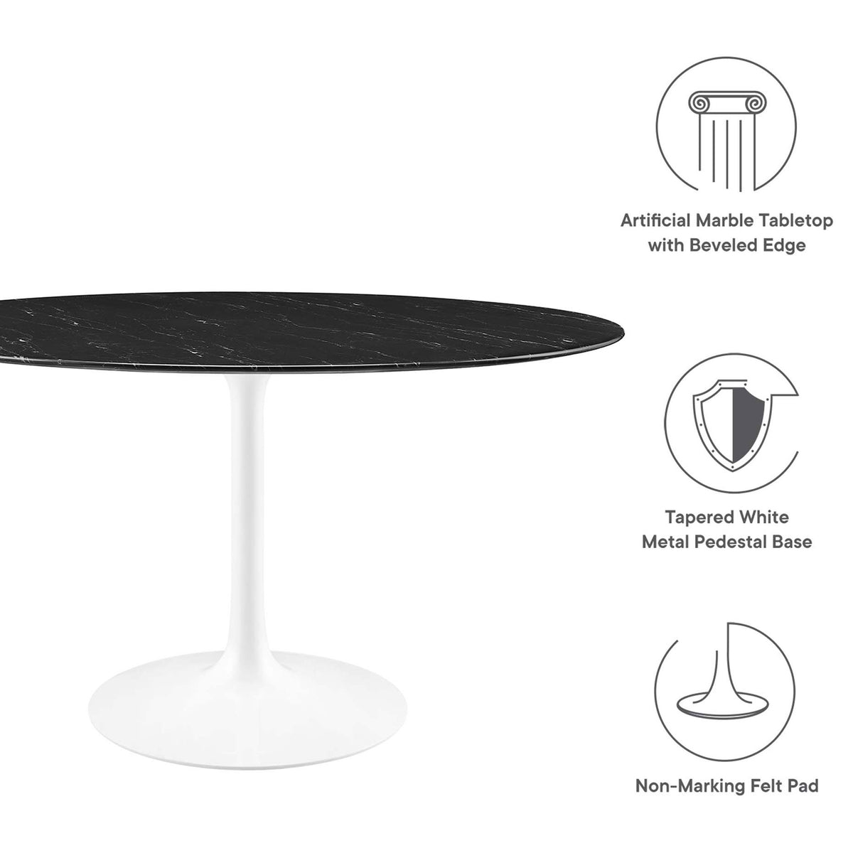 Feature graphic showing faux marble top, tapered white base, and non-marking floor pad details || EEI-5183-WHI-BLK || callout_studio