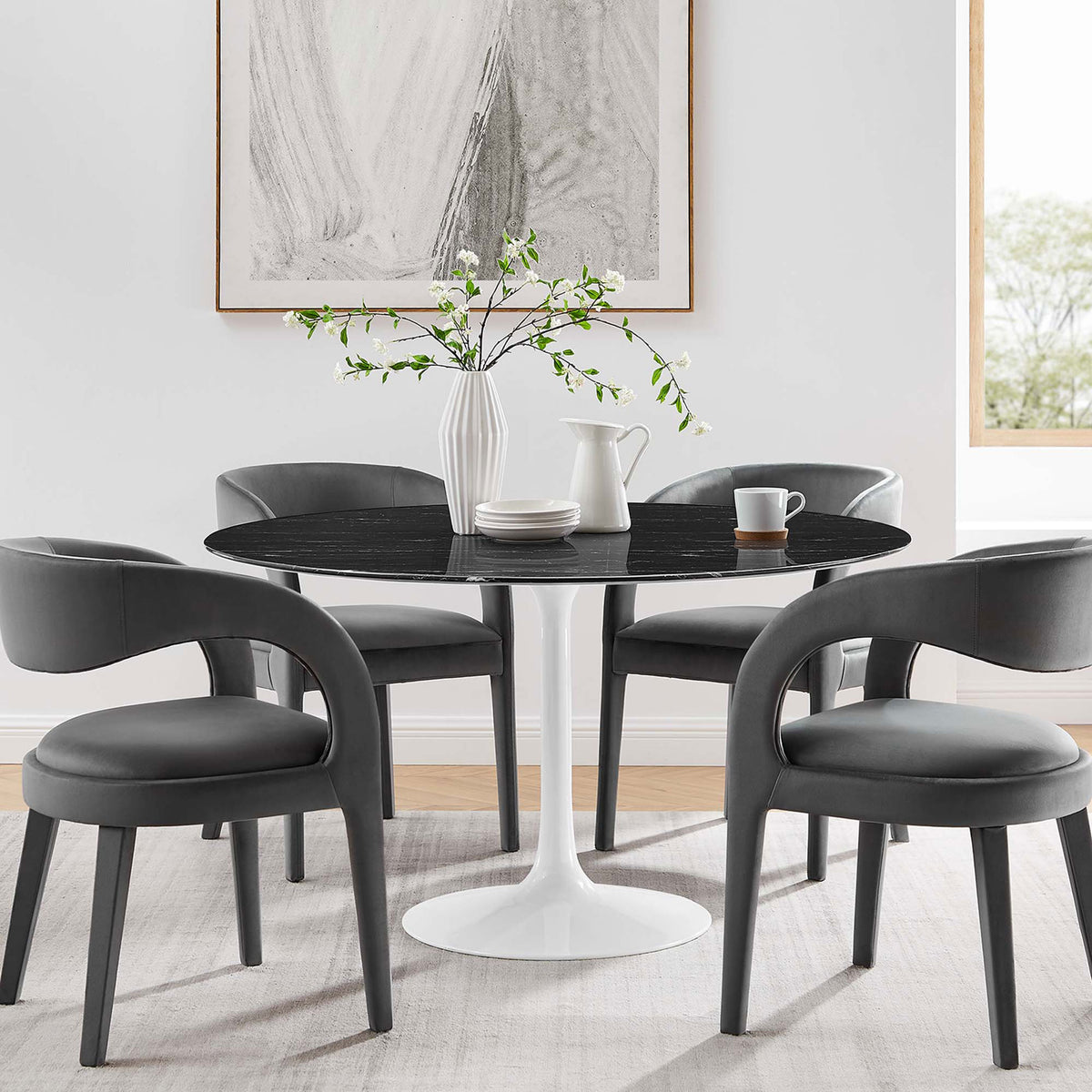 54 inch black faux marble dining table surrounded by four gray chairs in a contemporary room || EEI-5183-WHI-BLK || front_room