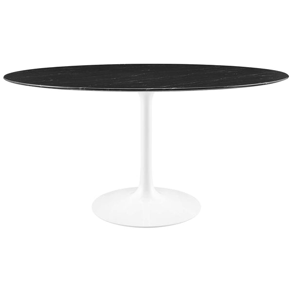 60 inch round black faux marble dining table with white pedestal base for generous seating || EEI-5184-WHI-BLK || front_studio