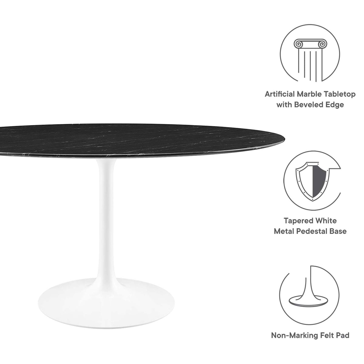 Feature graphic highlighting faux marble top, tapered white base, and floor safe felt pad || EEI-5184-WHI-BLK || callout_studio