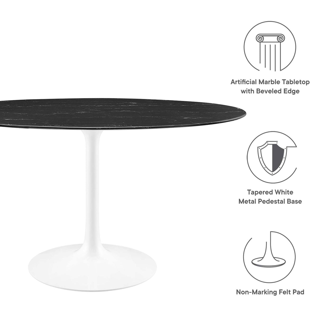 Feature highlights of the Lippa 54 in. oval dining table with faux marble top and protective felt pad || EEI-5185-WHI-BLK || callout_studio