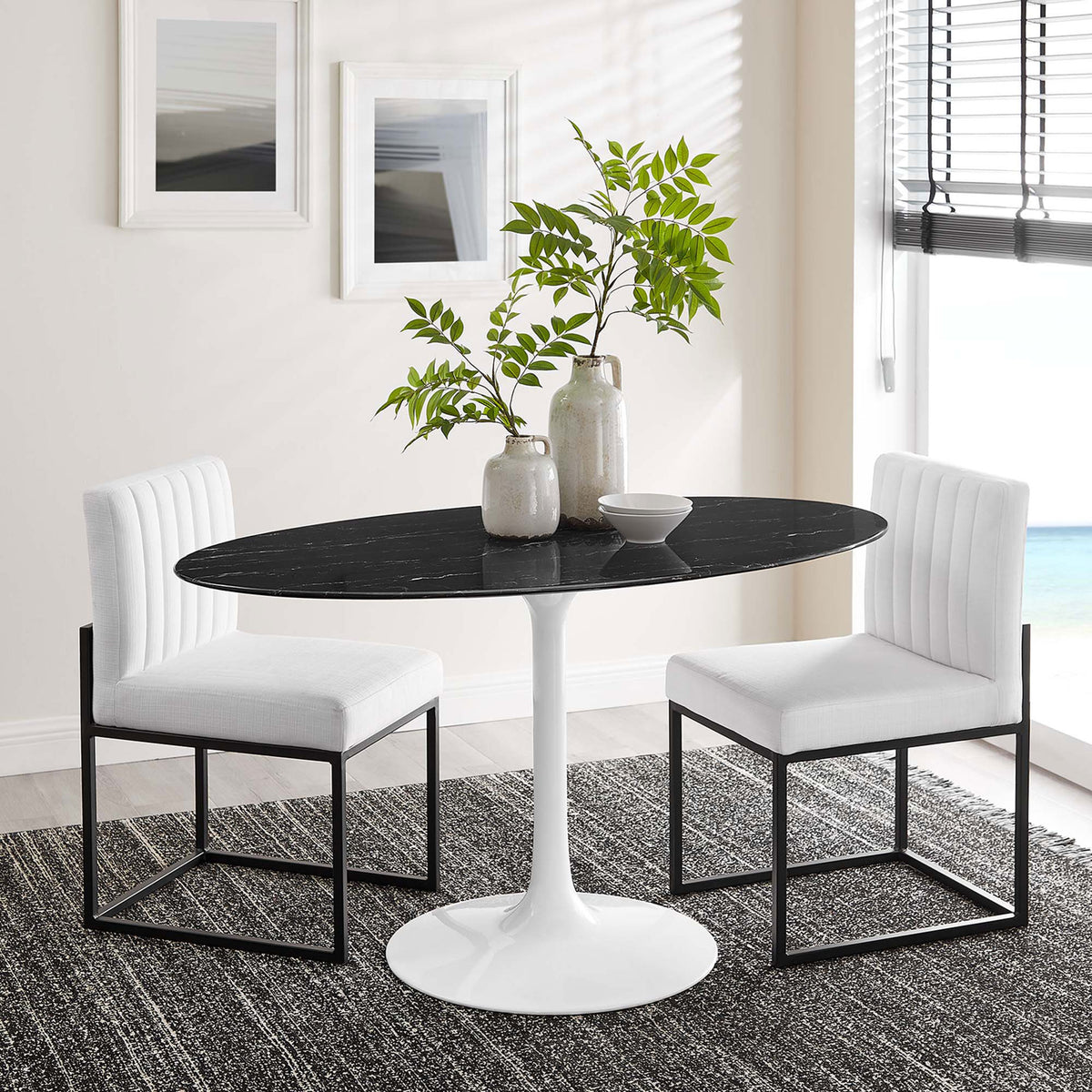 Lippa 54 in. oval black faux marble dining table with white pedestal base and two matching side chairs || EEI-5185-WHI-BLK || front_room