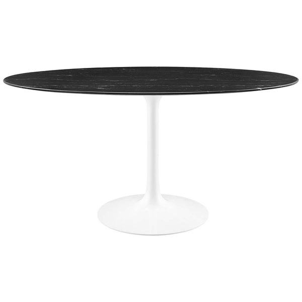 Lippa 60 in. oval black faux marble dining table with crisp white pedestal base for contemporary spaces || EEI-5186-WHI-BLK || front_studio