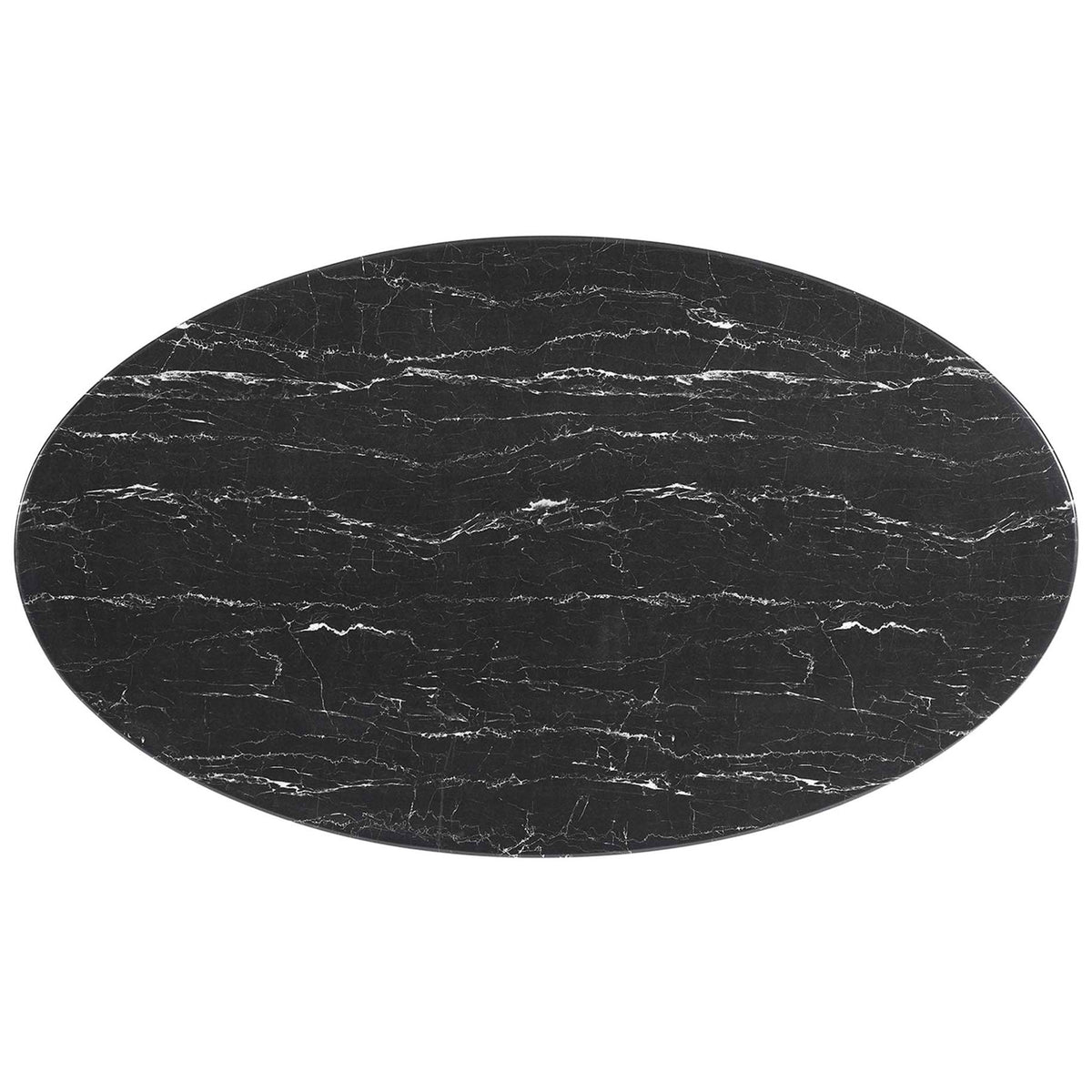 Expansive black faux marble oval tabletop with fine white veining on the Lippa 60 in. dining table || EEI-5186-WHI-BLK || top_studio