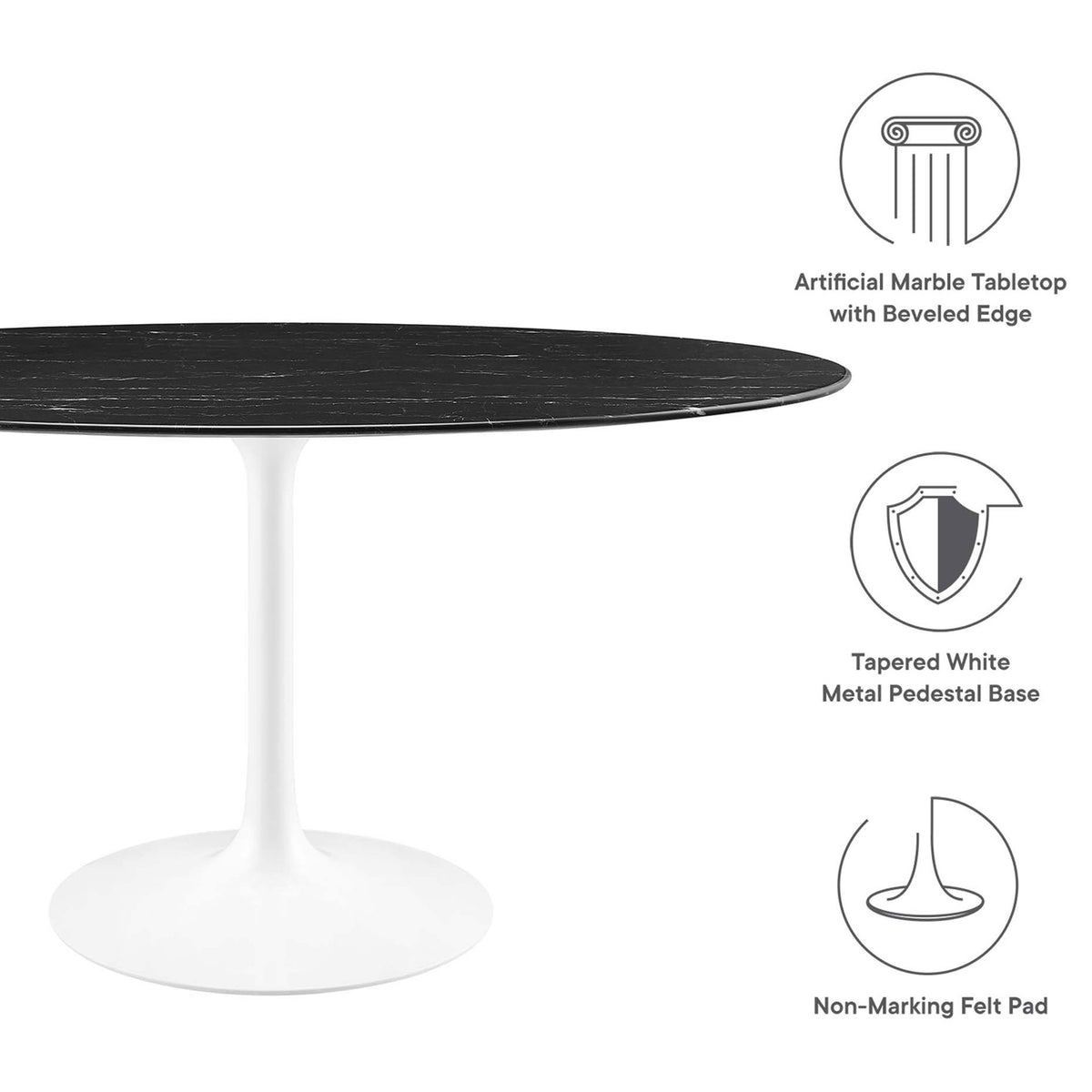 Key features of the Lippa 60 in. oval dining table including beveled faux marble top and tapered pedestal base || EEI-5186-WHI-BLK || callout_studio