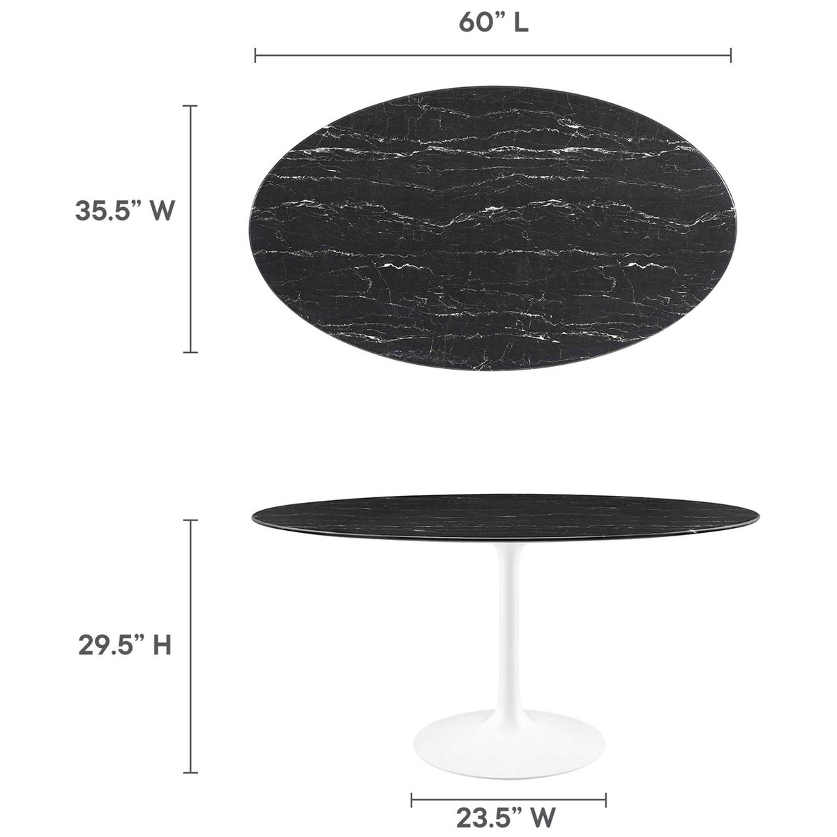 Dimensions for the Lippa 60 in. oval faux marble dining table with 35.5 in. width and 29.5 in. height || EEI-5186-WHI-BLK || dimension_studio