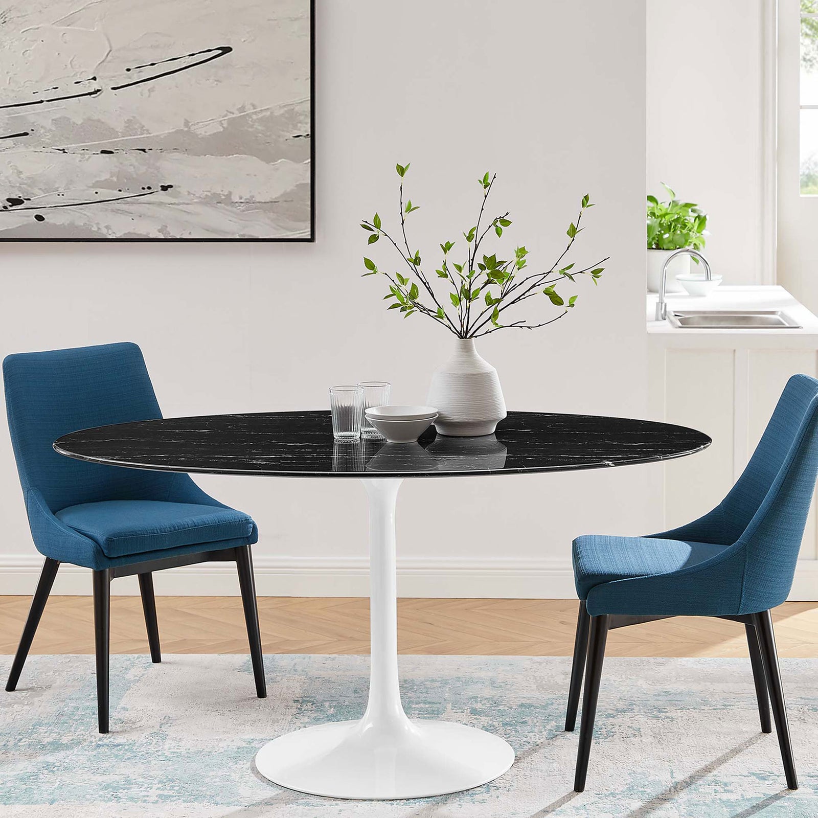 Lippa 60 in. oval black faux marble dining table with white pedestal base and two upholstered blue chairs || EEI-5186-WHI-BLK || front_room