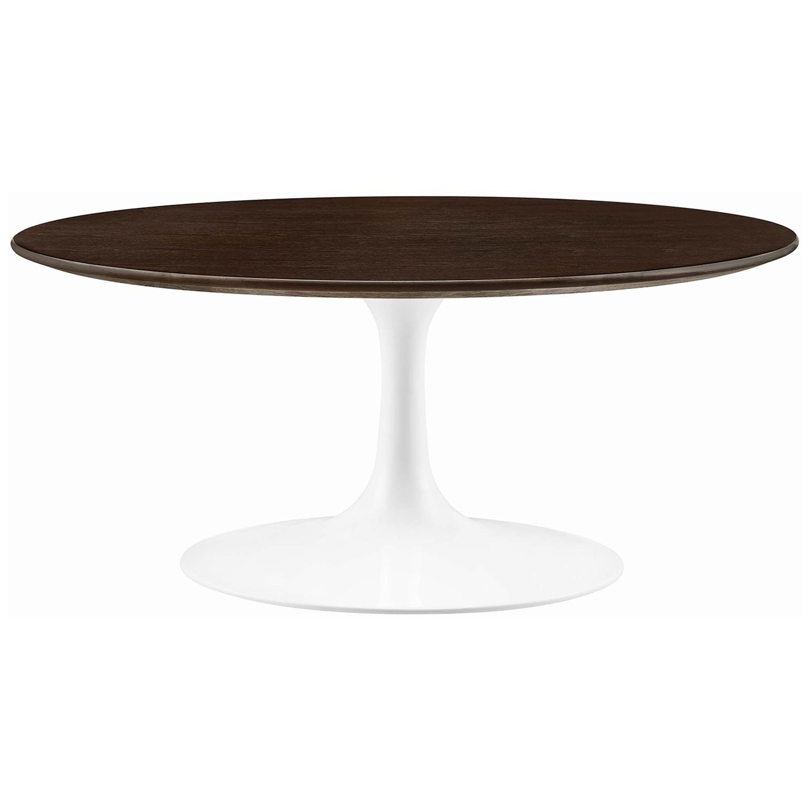 Sleek round coffee table with cherry walnut wood top and crisp white pedestal base || EEI-5187-WHI-CHE || front_studio