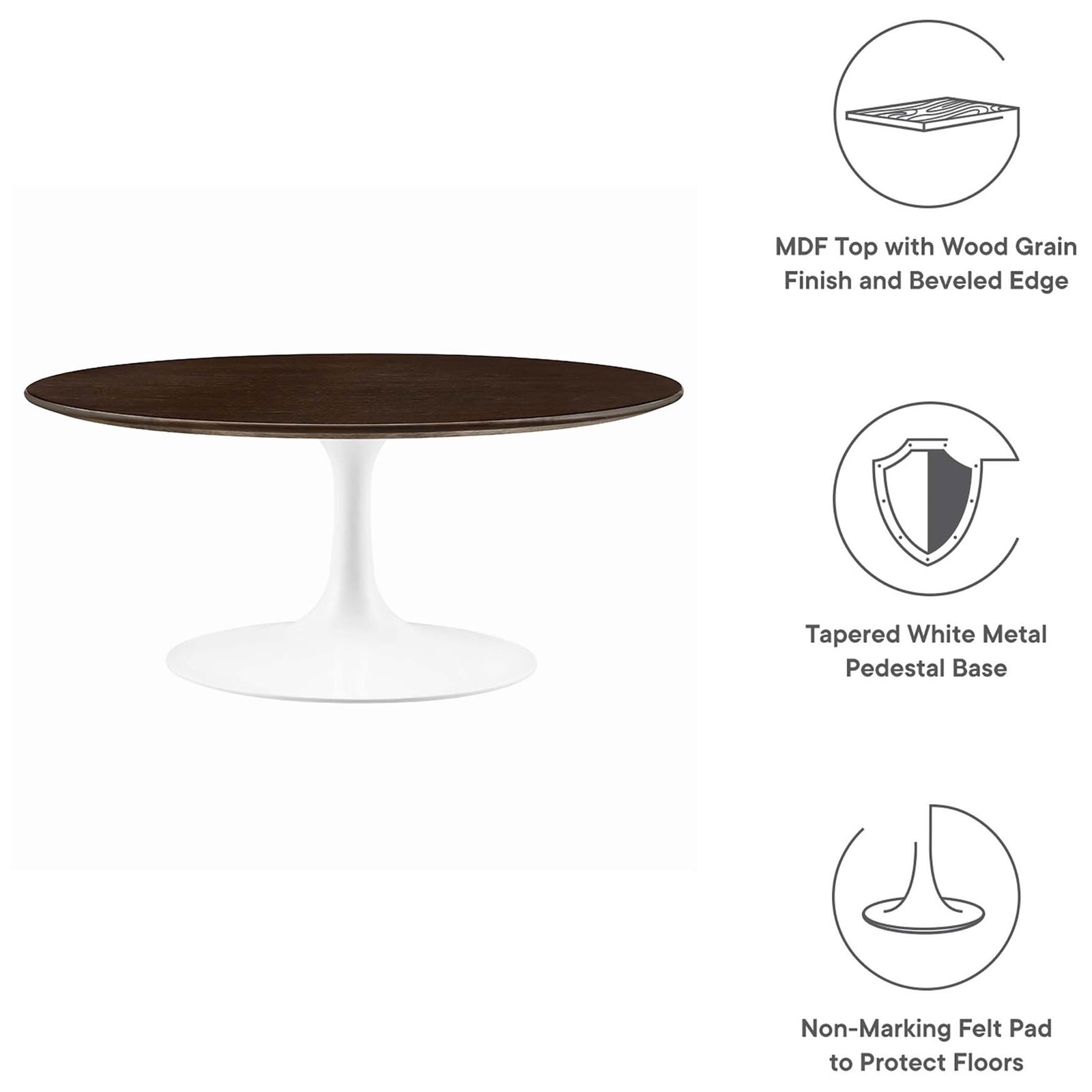 Key features of the Lippa coffee table, from beveled wood top to protective felt pad || EEI-5187-WHI-CHE || callout_studio