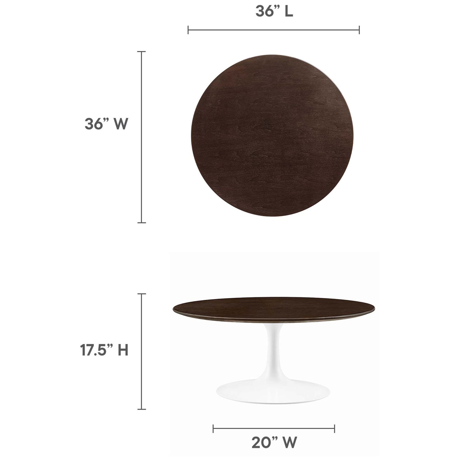 Overall dimensions for the 36-inch round pedestal coffee table for easy fit and planning || EEI-5187-WHI-CHE || dimension_studio