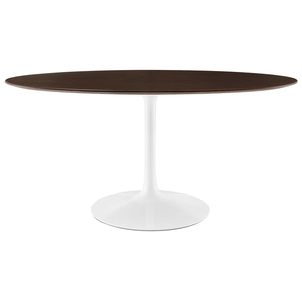 60 inch oval cherry walnut dining table with sleek white pedestal base || EEI-5194-WHI-CHE || front_studio