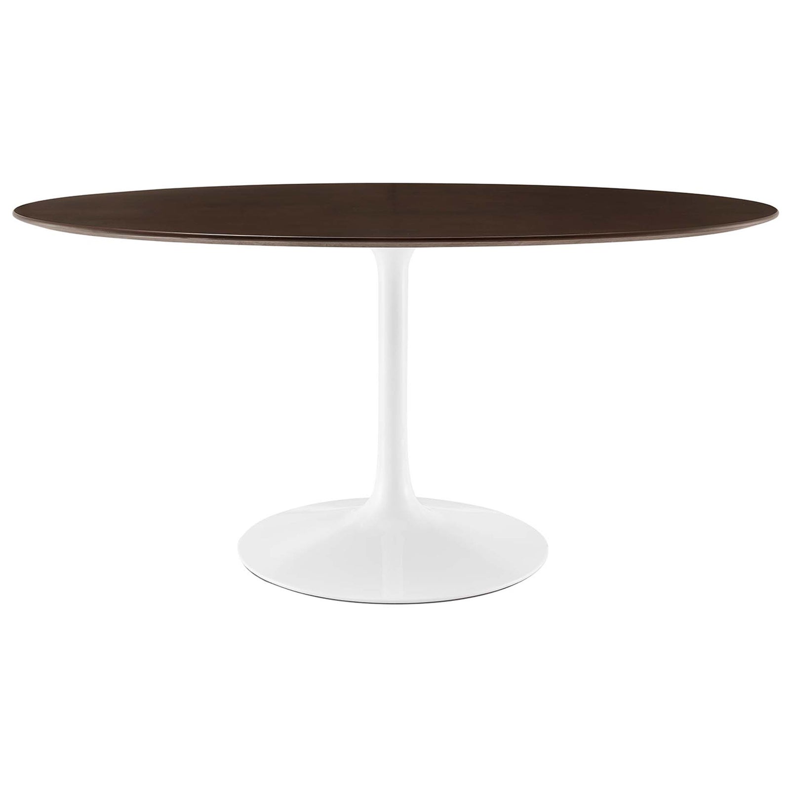 60 inch oval cherry walnut dining table with sleek white pedestal base || EEI-5194-WHI-CHE || front_studio