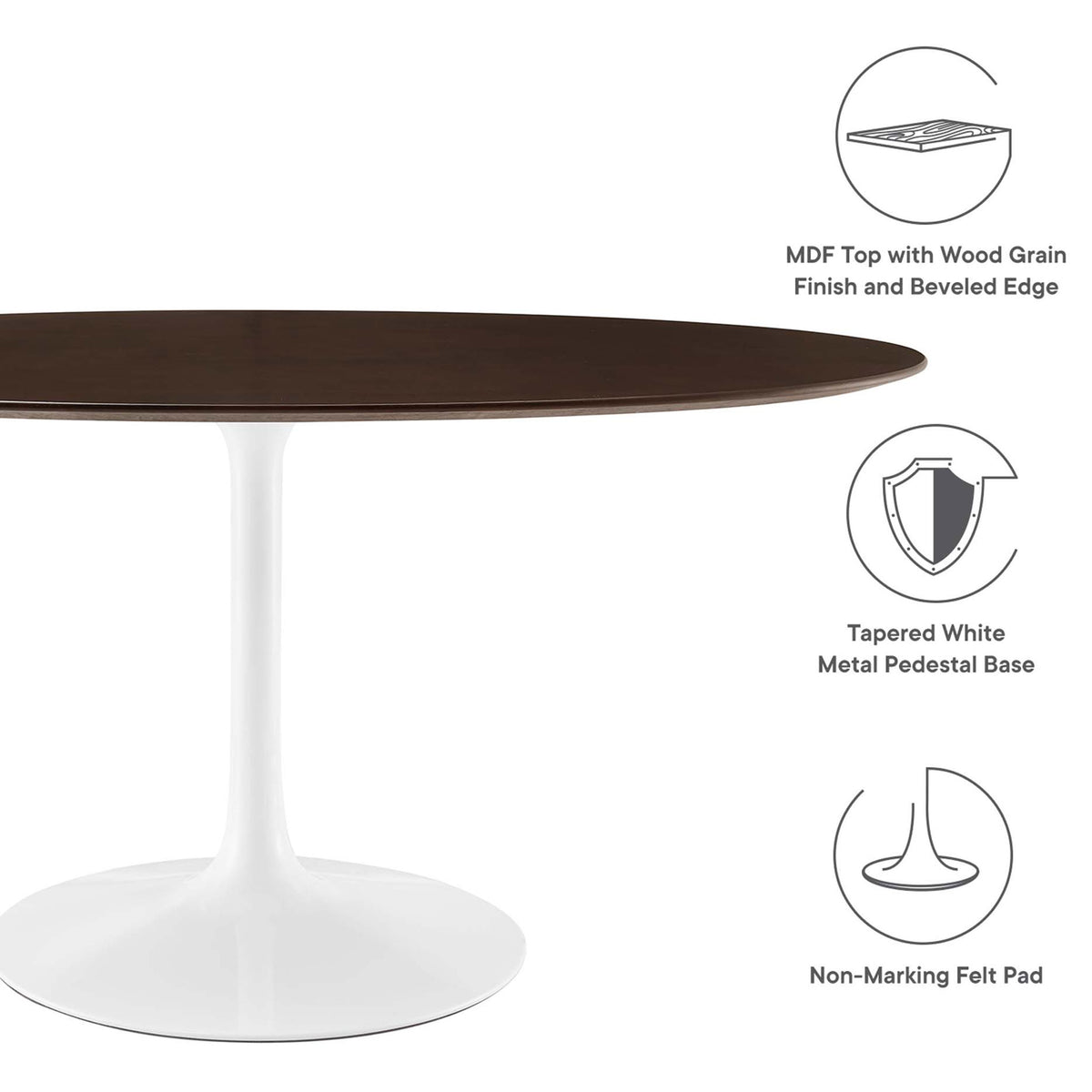 Feature callouts highlight MDF wood veneer top, white pedestal base, and floor friendly pad || EEI-5194-WHI-CHE || callout_studio