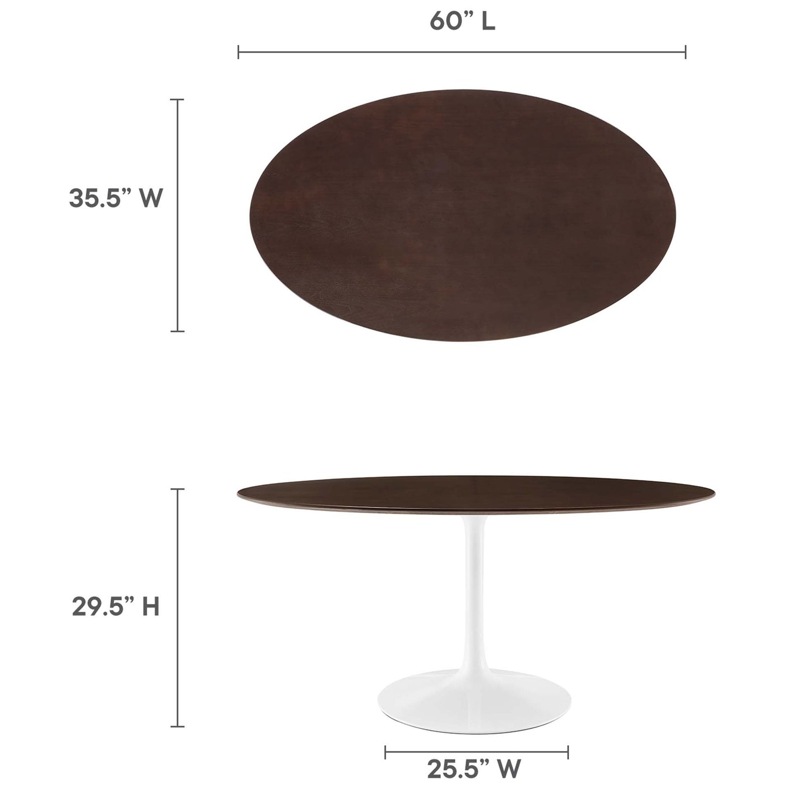Dimension diagram of 60 inch oval dining table showing length, width, height, and base width || EEI-5194-WHI-CHE || dimension_studio