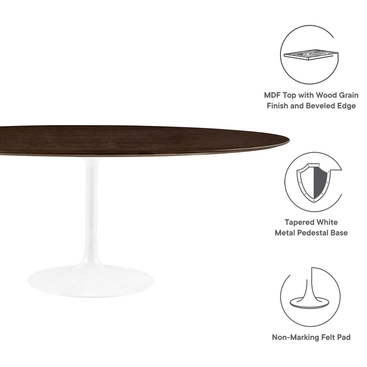 Feature graphics showcase MDF wood veneer top, white pedestal base, and protective floor pad || EEI-5196-WHI-CHE || callout_studio