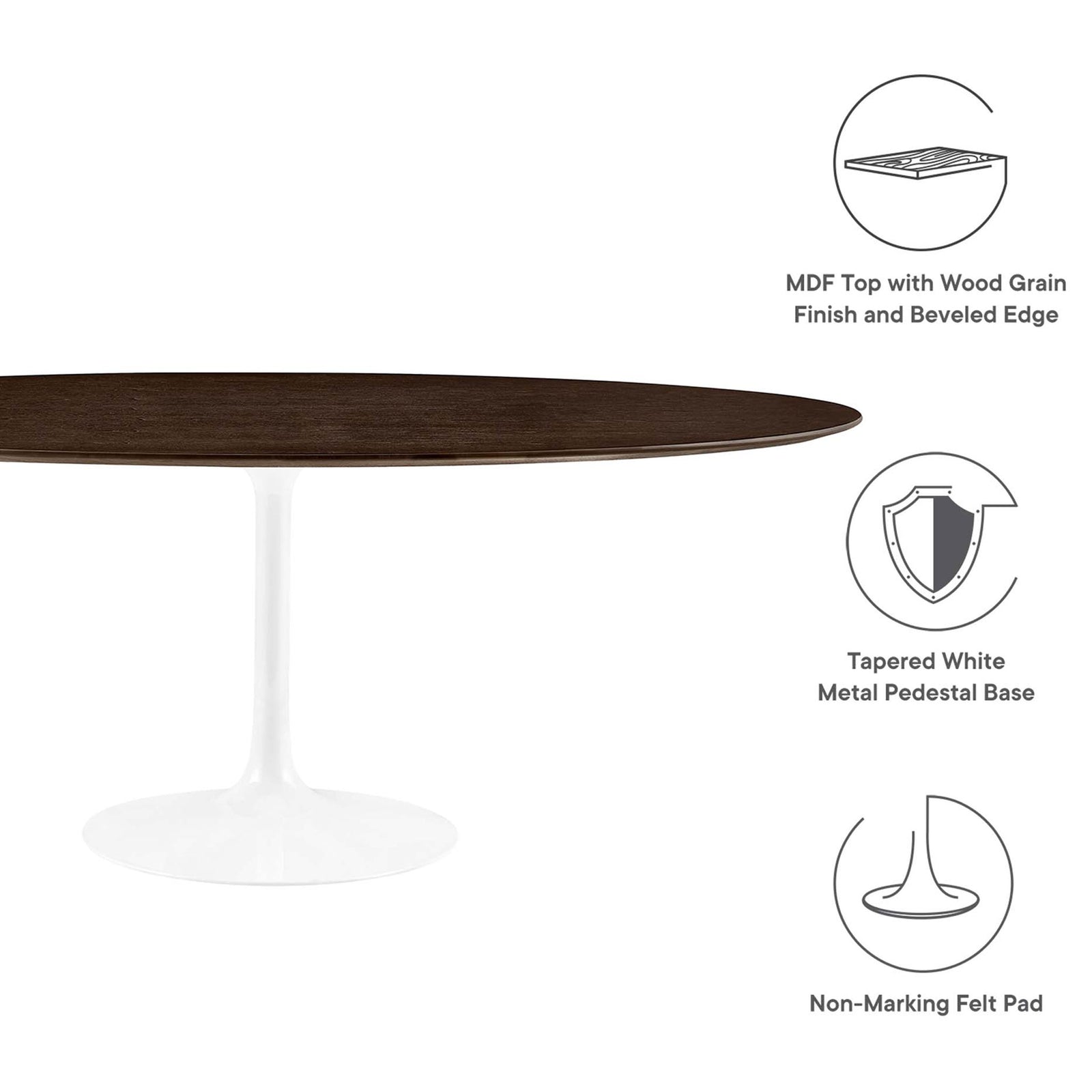 Feature graphics showcase MDF wood veneer top, white pedestal base, and protective floor pad || EEI-5196-WHI-CHE || callout_studio