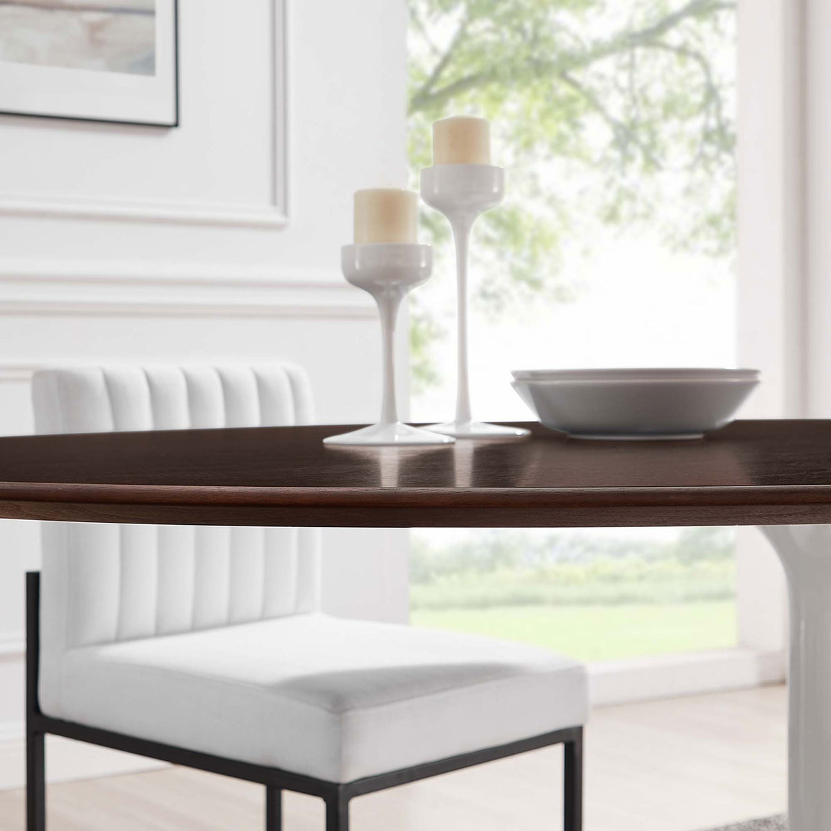 Cherry walnut tabletop paired with sleek white accents in a bright windowed dining space || EEI-5196-WHI-CHE || detail_room