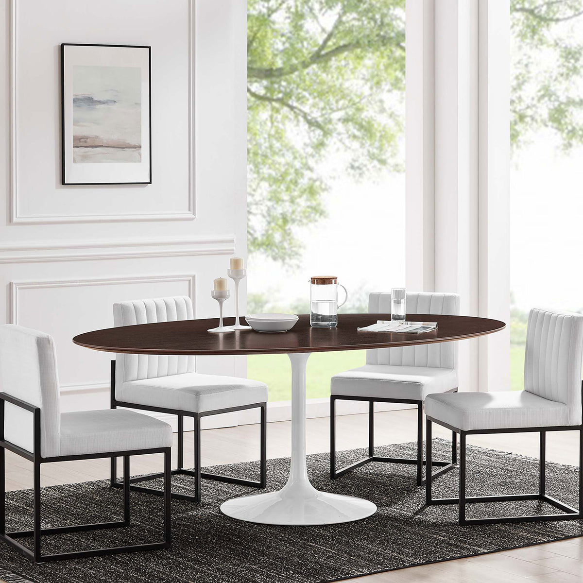 78 inch oval pedestal dining table styled with modern chairs in an airy contemporary room || EEI-5196-WHI-CHE || front_room
