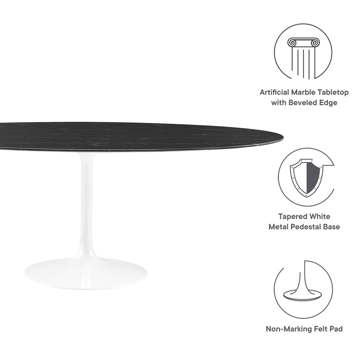 Feature highlights of the Lippa 78 in. oval dining table with faux marble top, tapered base, and felt pad || EEI-5198-WHI-BLK || callout_studio