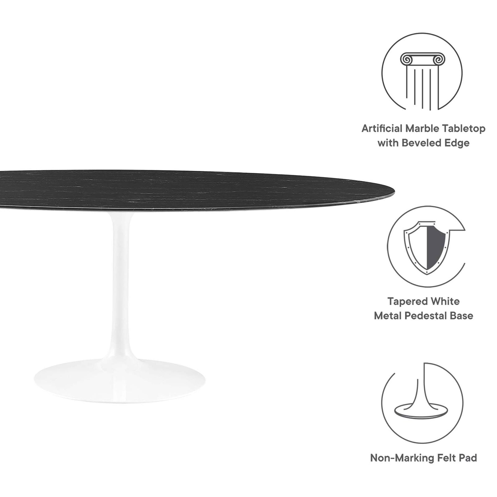 Feature highlights of the Lippa 78 in. oval dining table with faux marble top, tapered base, and felt pad || EEI-5198-WHI-BLK || callout_studio
