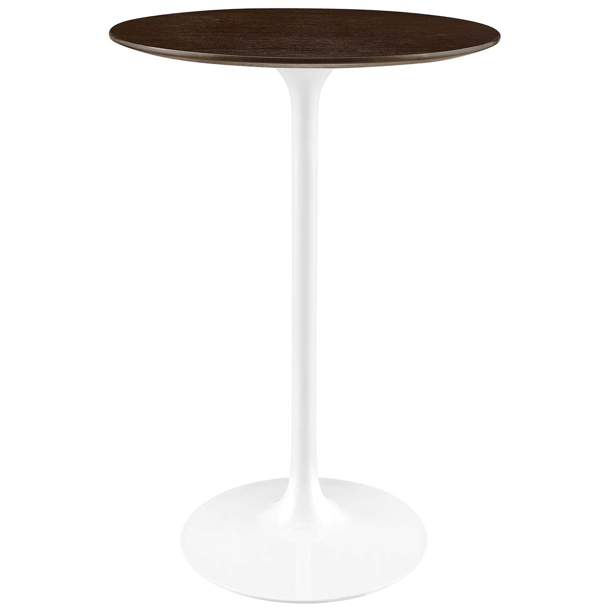 Mid-century round bar table with walnut wood-grain top and sleek white pedestal base || EEI-5199-WHI-CHE || front_angle_studio
