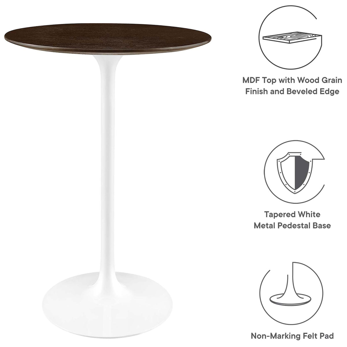 Key features: wood-grain MDF top, tapered metal base, and floor-safe felt pad || EEI-5199-WHI-CHE || callout_studio