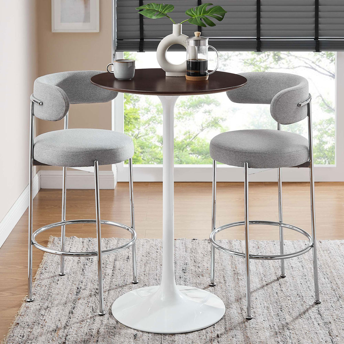 Sleek pedestal bar table anchors a modern dining nook || EEI-5199-WHI-CHE || front_angle_room