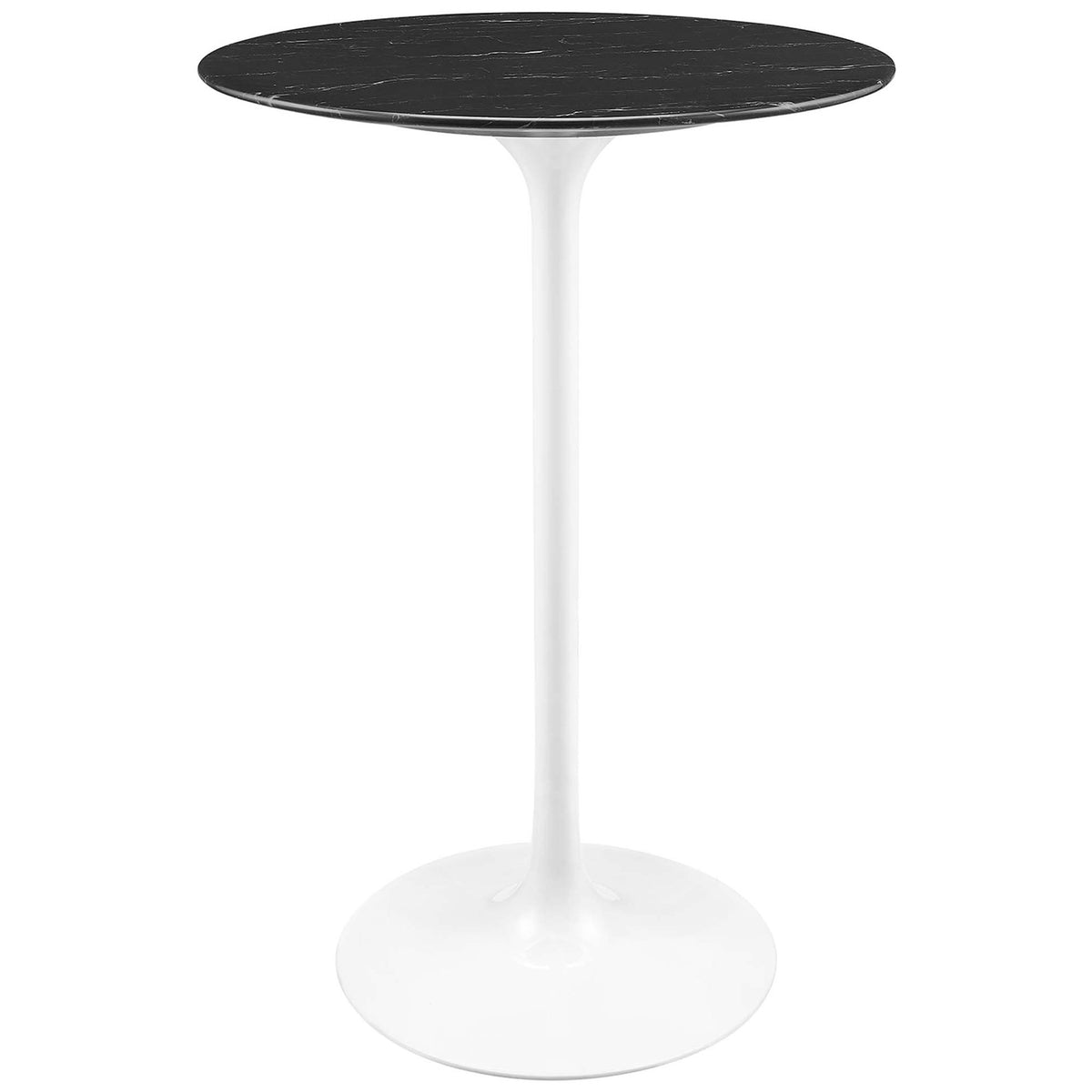 Black faux marble round bar table with a sleek white tulip pedestal base and beveled edge || EEI-5203-WHI-BLK || front_angle_studio