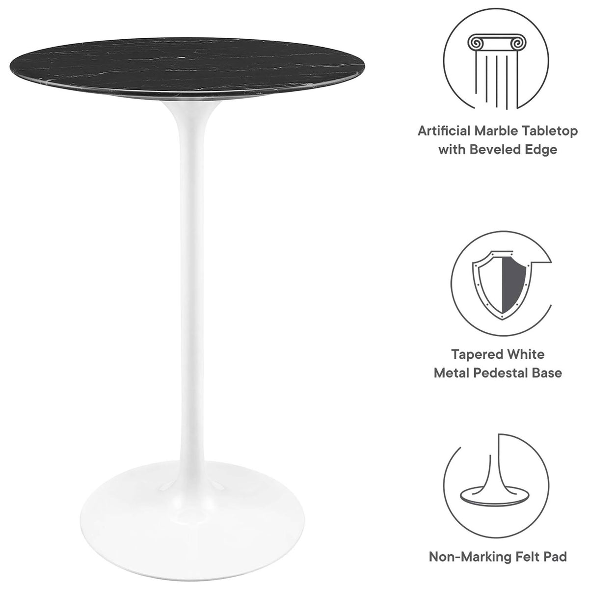 Artificial marble top with beveled edge, tapered white base, and non-marking felt pad || EEI-5203-WHI-BLK || callout_studio