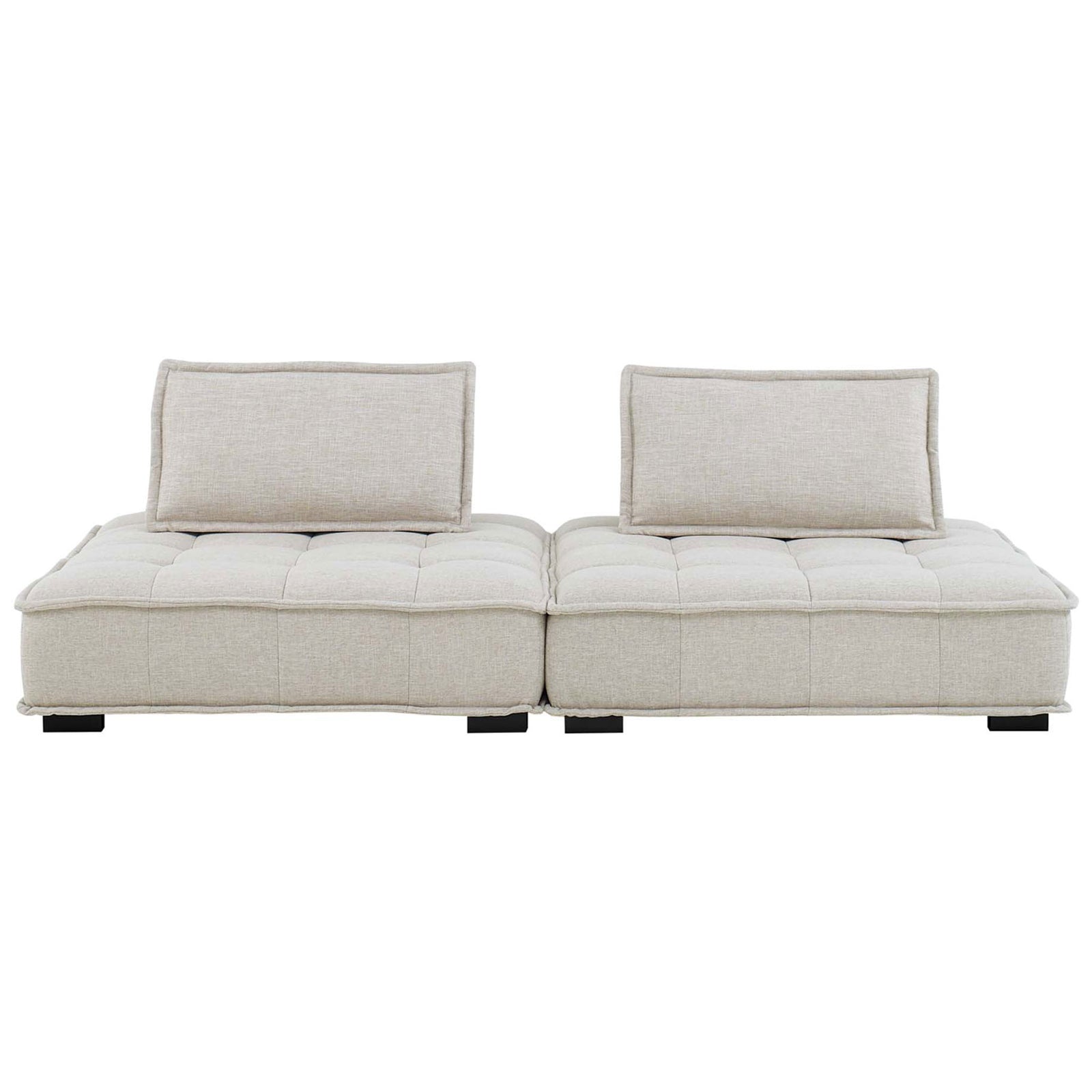 Beige Saunter 2-piece tufted loveseat with plush back cushions and bolsters for relaxed lounging. || EEI-5204-BEI || front_multi_studio