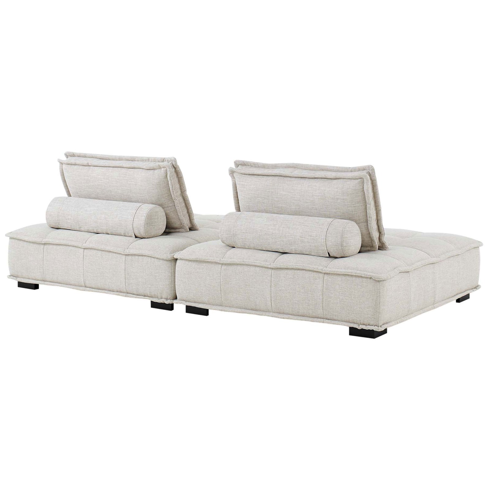 Beige Saunter 2-piece loveseat with neatly tailored back cushions and subtle French piping detail. || EEI-5204-BEI || back_angle_multi_studio