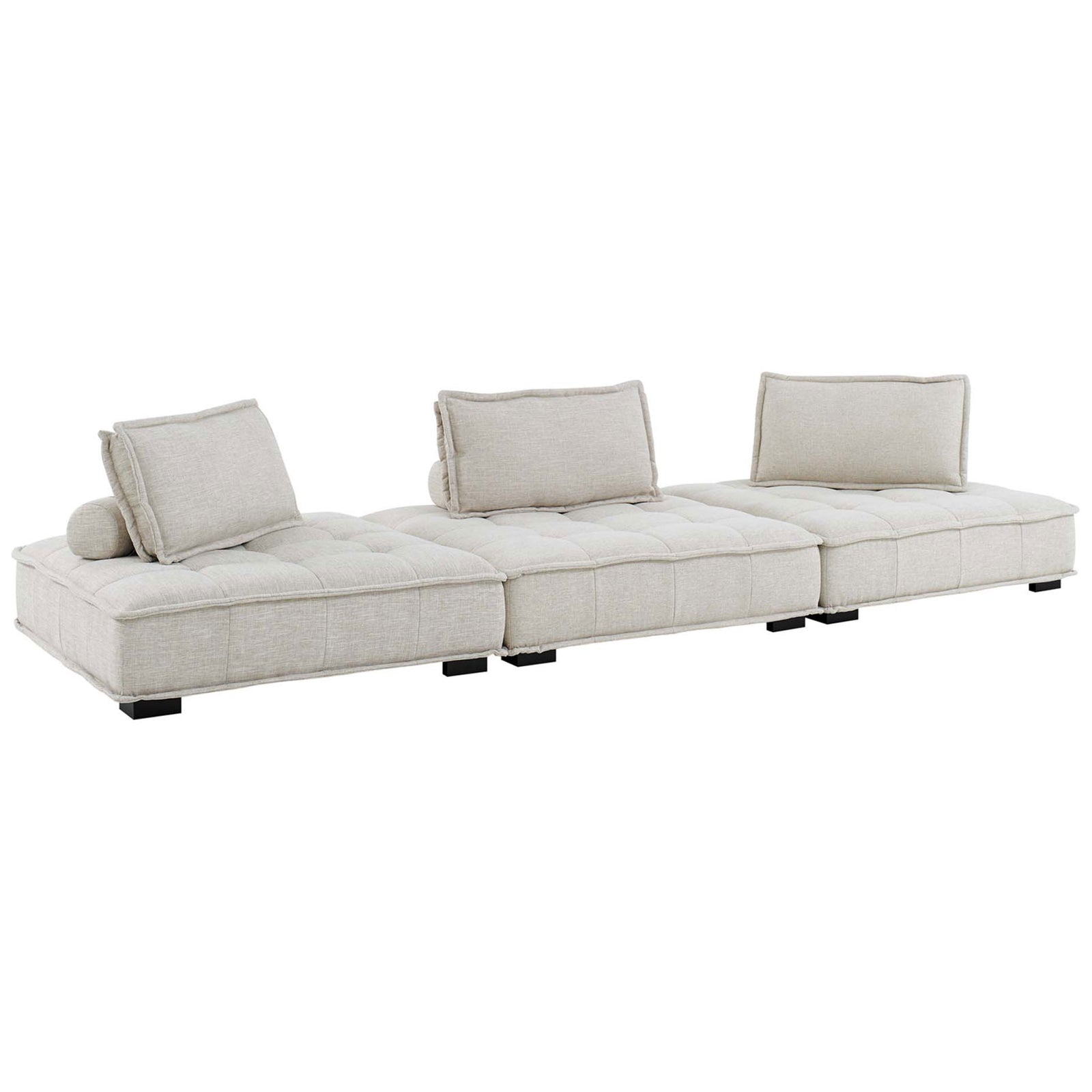 Beige Saunter modular sofa with square tufted cushions, three armless sections, and matching bolster pillows || EEI-5206-BEI || front_angle_studio
