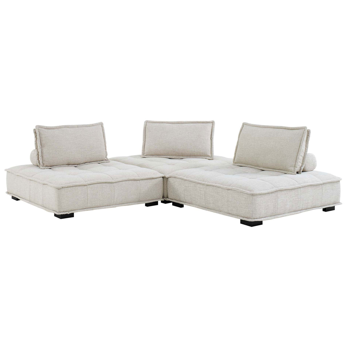 Saunter beige tufted 3-piece sofa arranged in an L-shape for flexible corner seating in modern spaces || EEI-5206-BEI || front_angle_studio