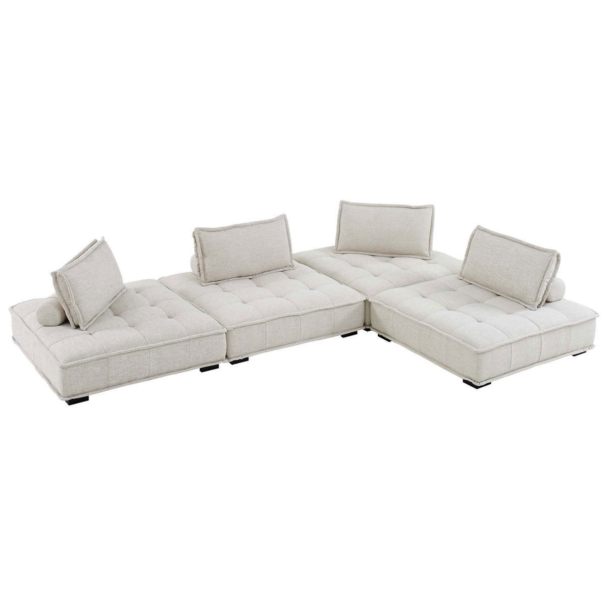 Beige tufted modular sectional in an L-shaped layout with plush back cushions and bolster pillows || EEI-5208-BEI || front_angle_studio