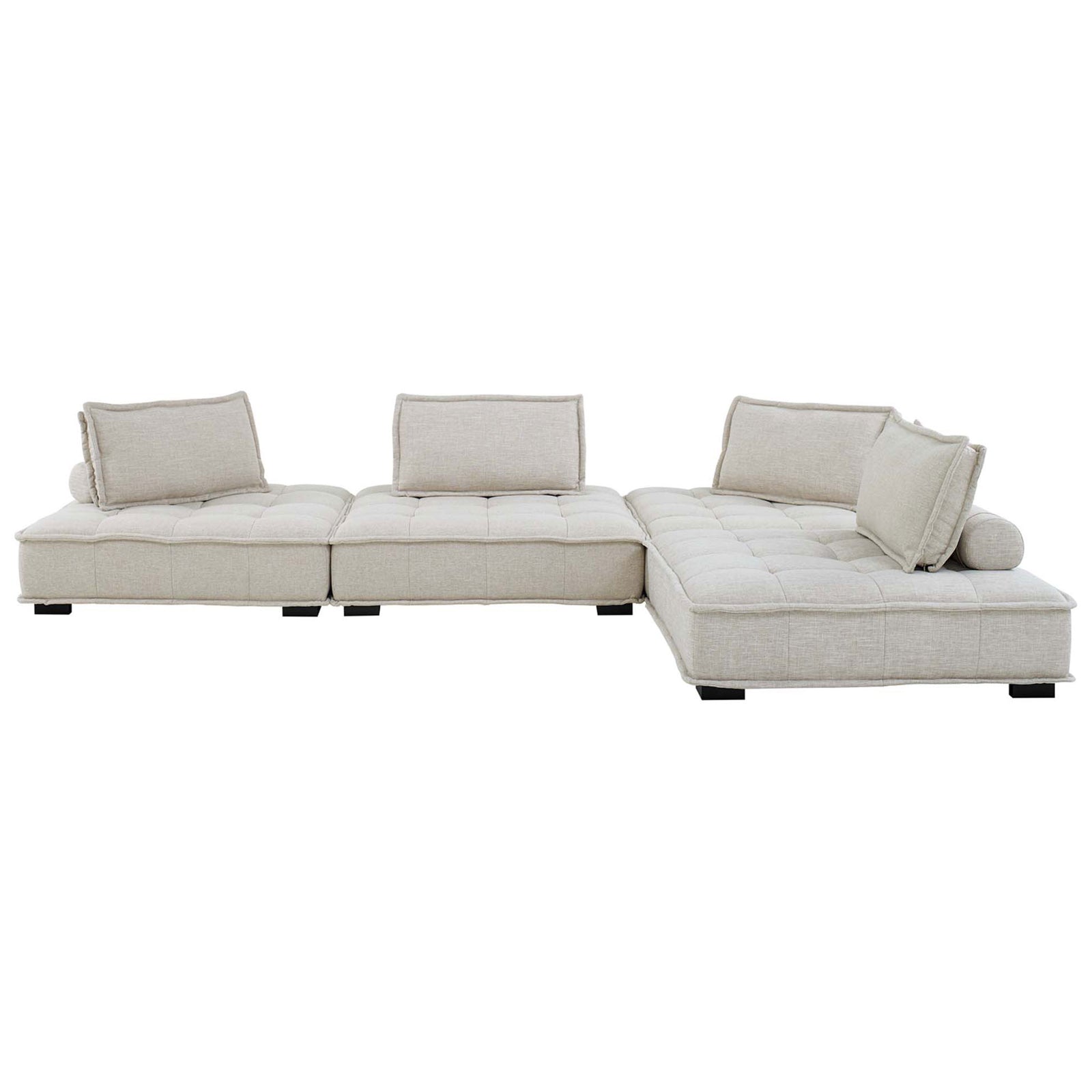 Low-profile beige tufted sectional sofa with four modular seats, back cushions, and bolster pillows || EEI-5208-BEI || front_studio