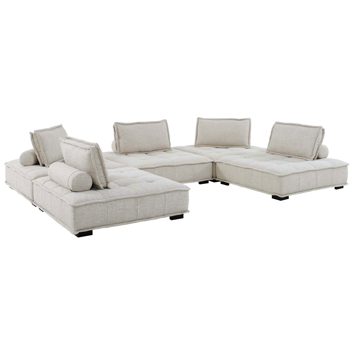 Beige tufted modular sectional with five armless seats, back pillows, and bolster cushions for relaxed lounging || EEI-5210-BEI || front_angle_studio