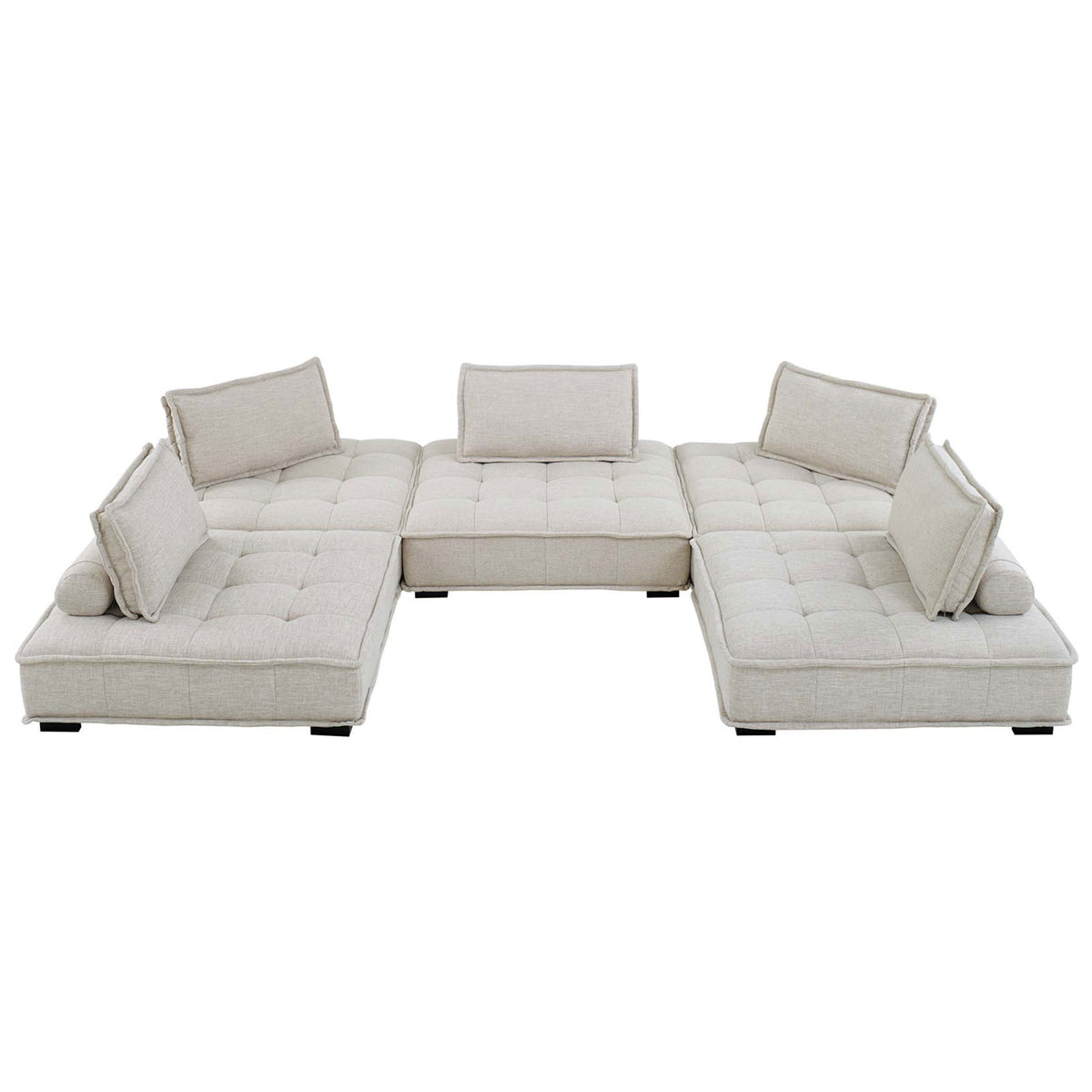 Low-profile beige sectional sofa with tufted seats and movable back and bolster pillows for custom seating || EEI-5210-BEI || front_studio