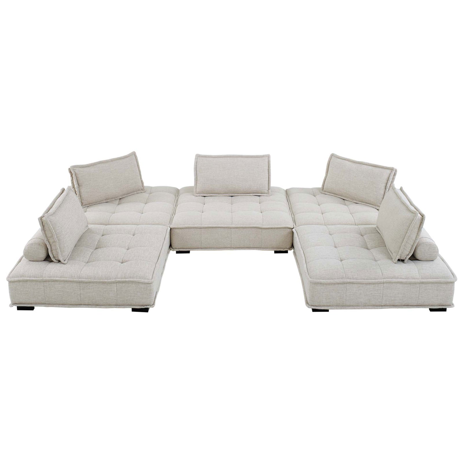 Low-profile beige sectional sofa with tufted seats and movable back and bolster pillows for custom seating || EEI-5210-BEI || front_studio